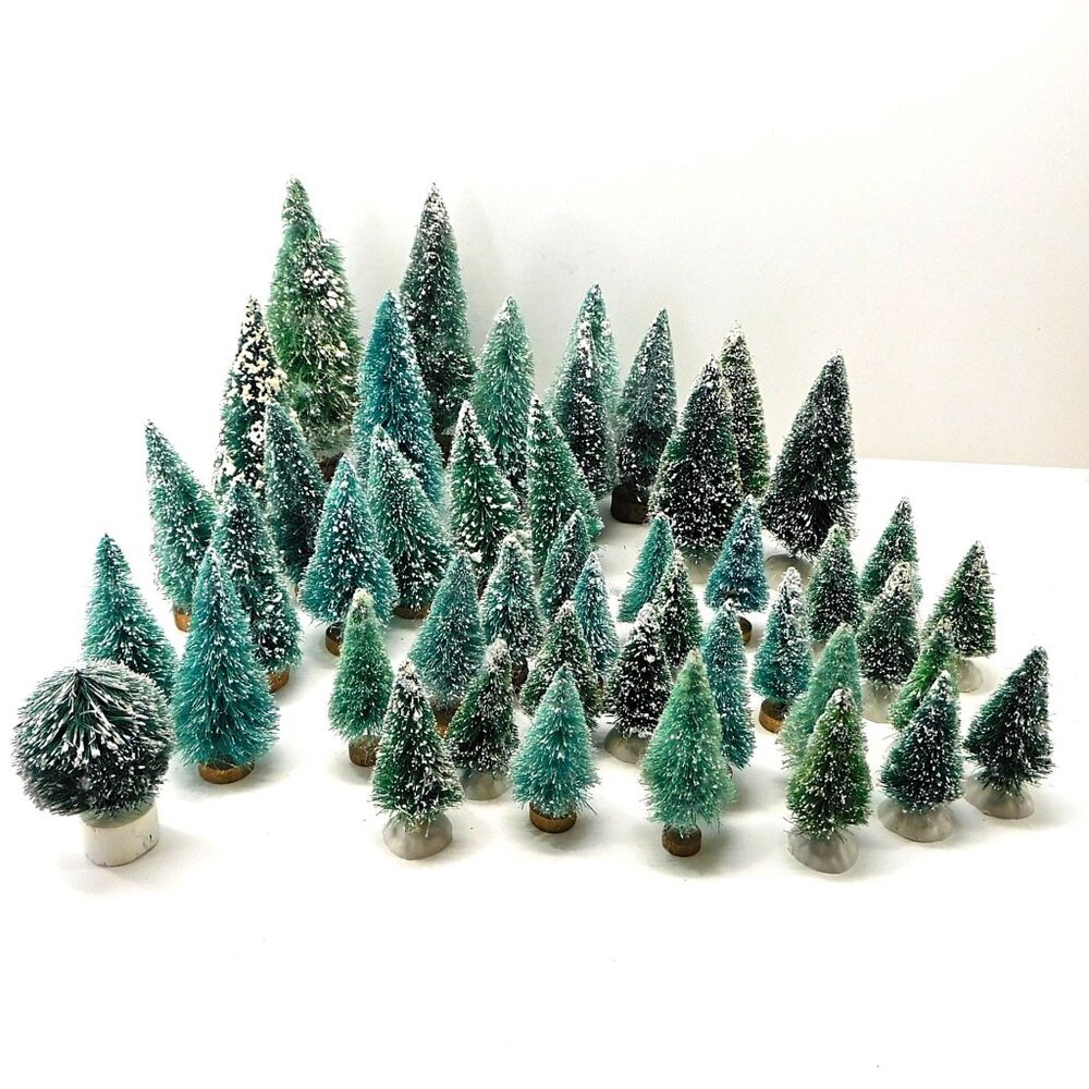 Set Of 46 Vintage Bottle Brush Trees Flocked Various Bases 2 - 6"